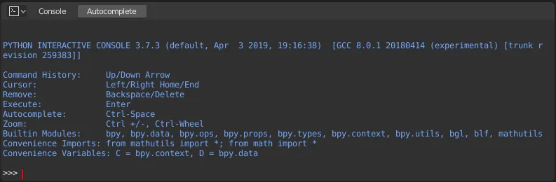 Blender 内置 Python 控制台，可通过 bpy 访问软件的数据和操作
